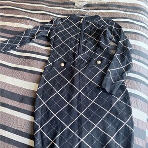 Chic Black and gold & silver Grid Pattern Long Sleeve Dress knitted